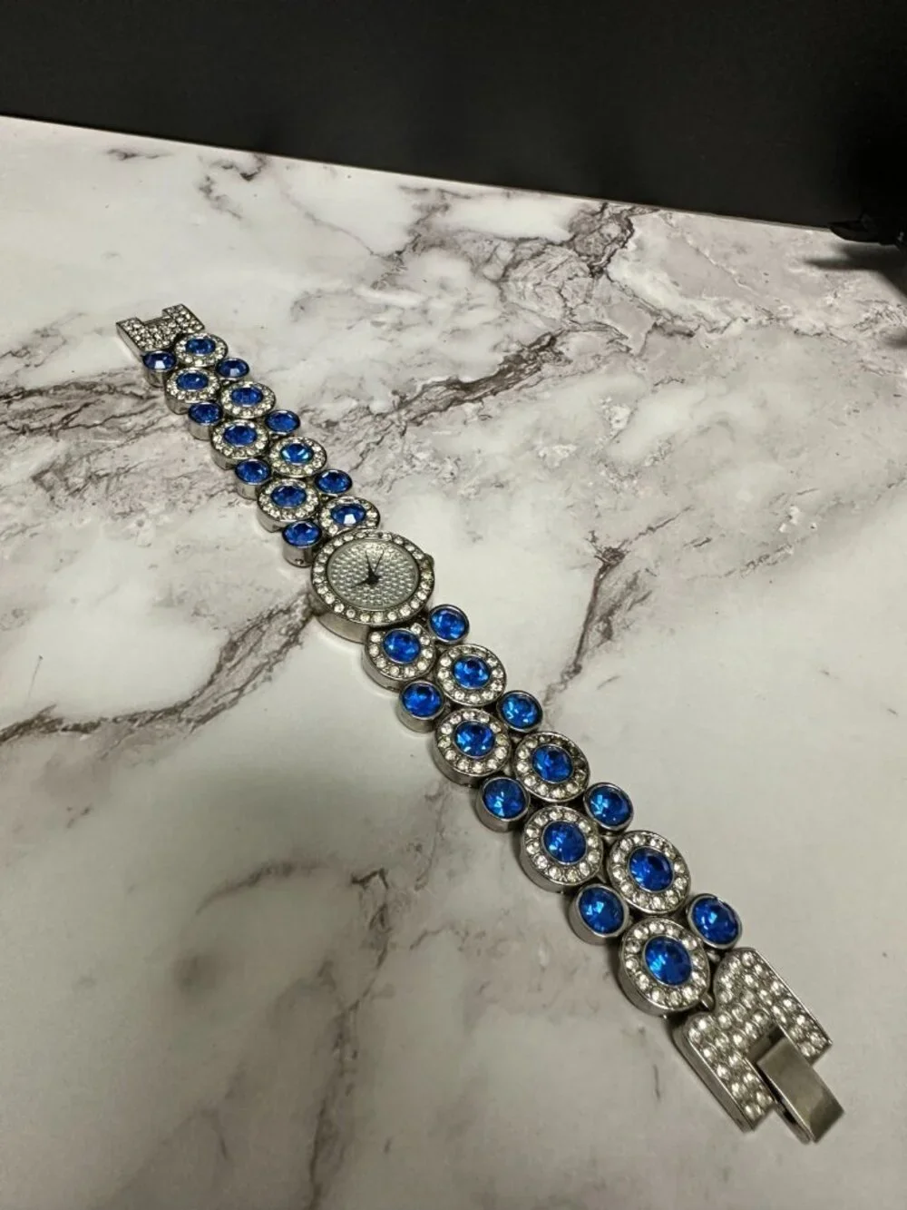 Suzanne Somers Watch Women Silver Tone Blue Rhinestone Bling Band New Battery